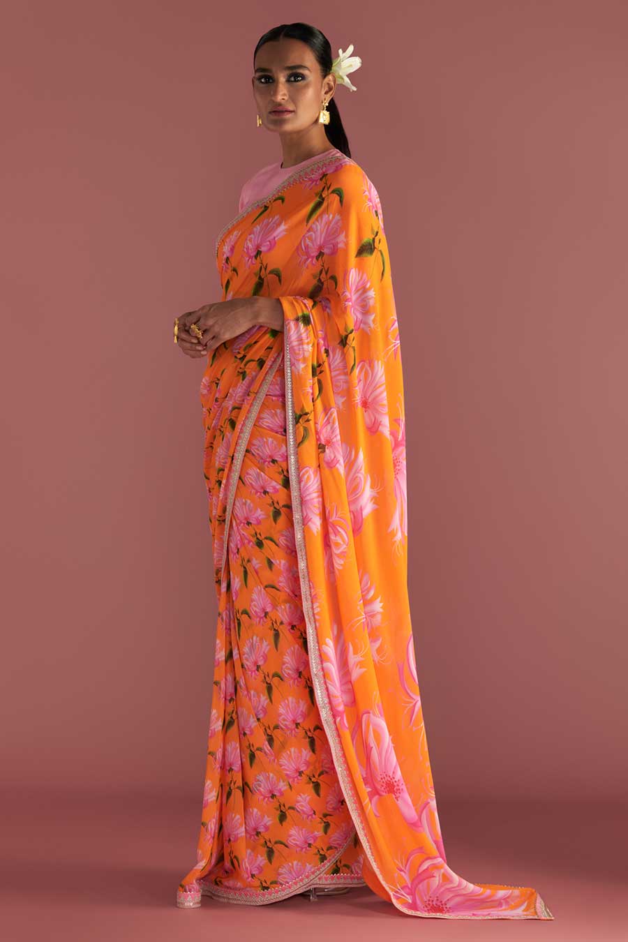 Orange Mist Embroidered Saree & Blouse Piece