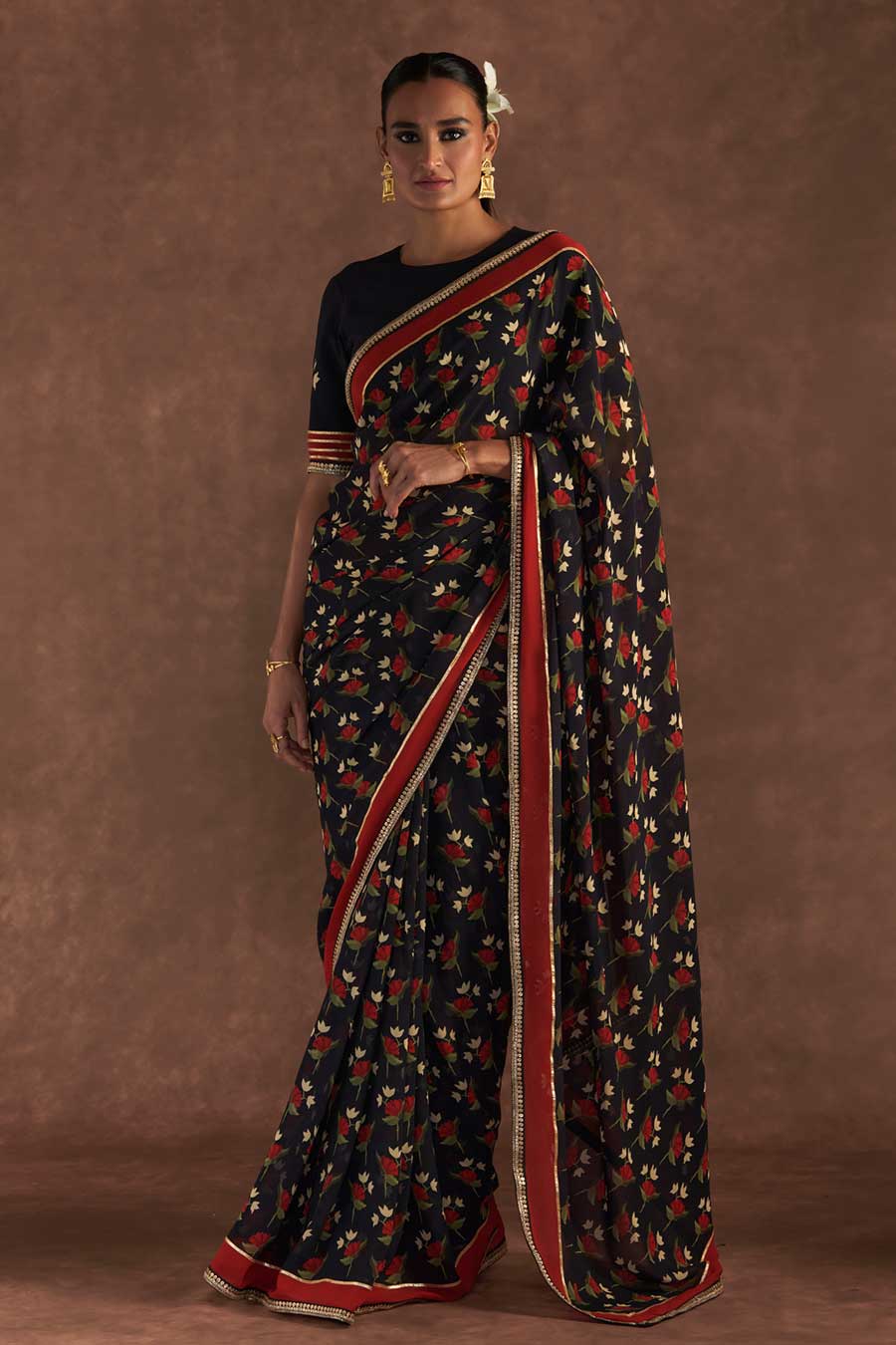 Black Irisbud Embroidered Saree & Blouse Piece