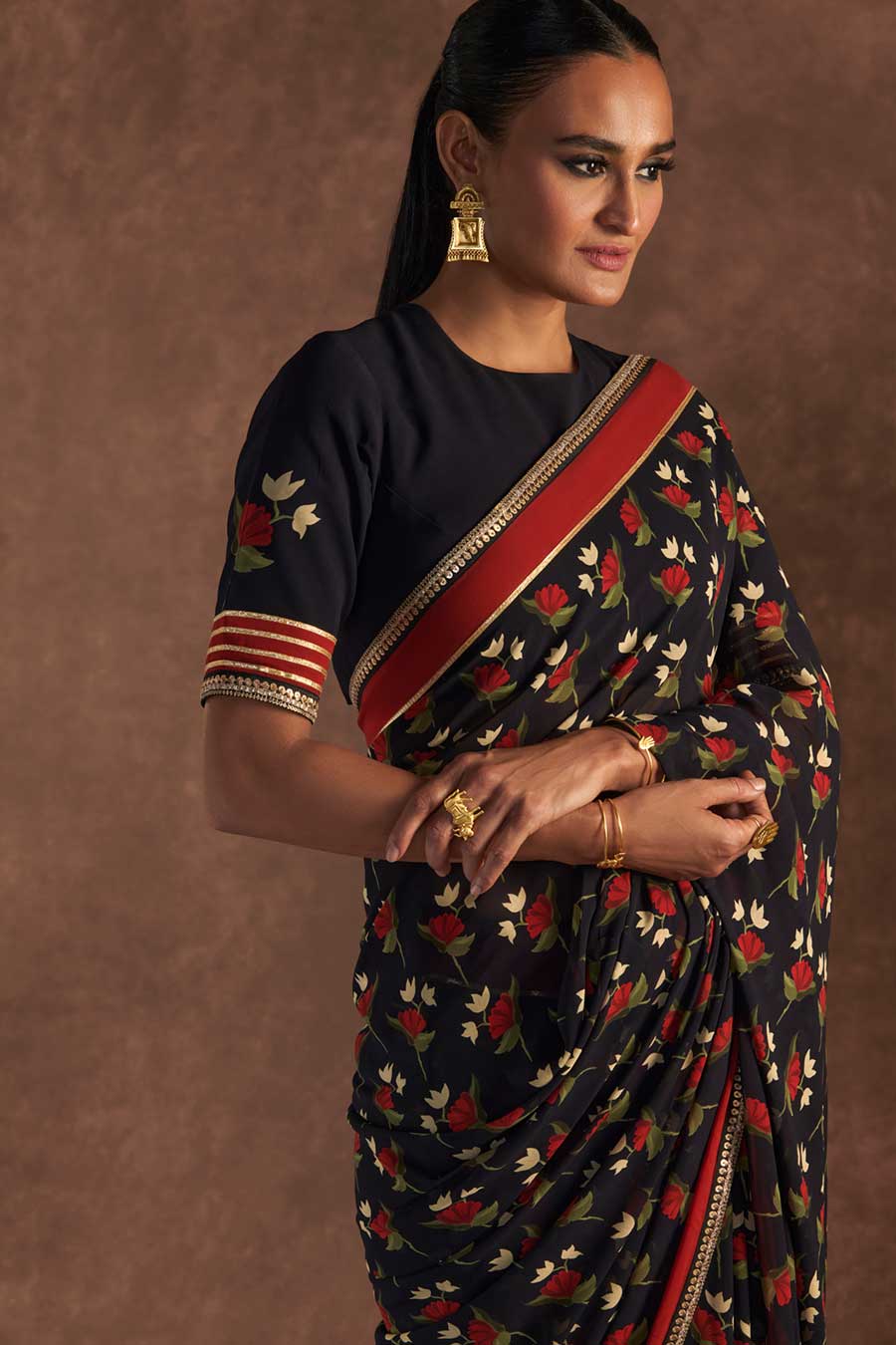 Black Irisbud Embroidered Saree & Blouse Piece