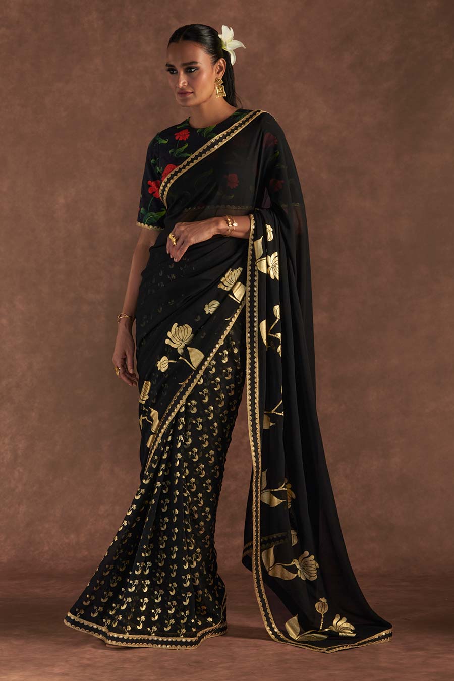 Black Springbud Embroidered Saree & Blouse Piece