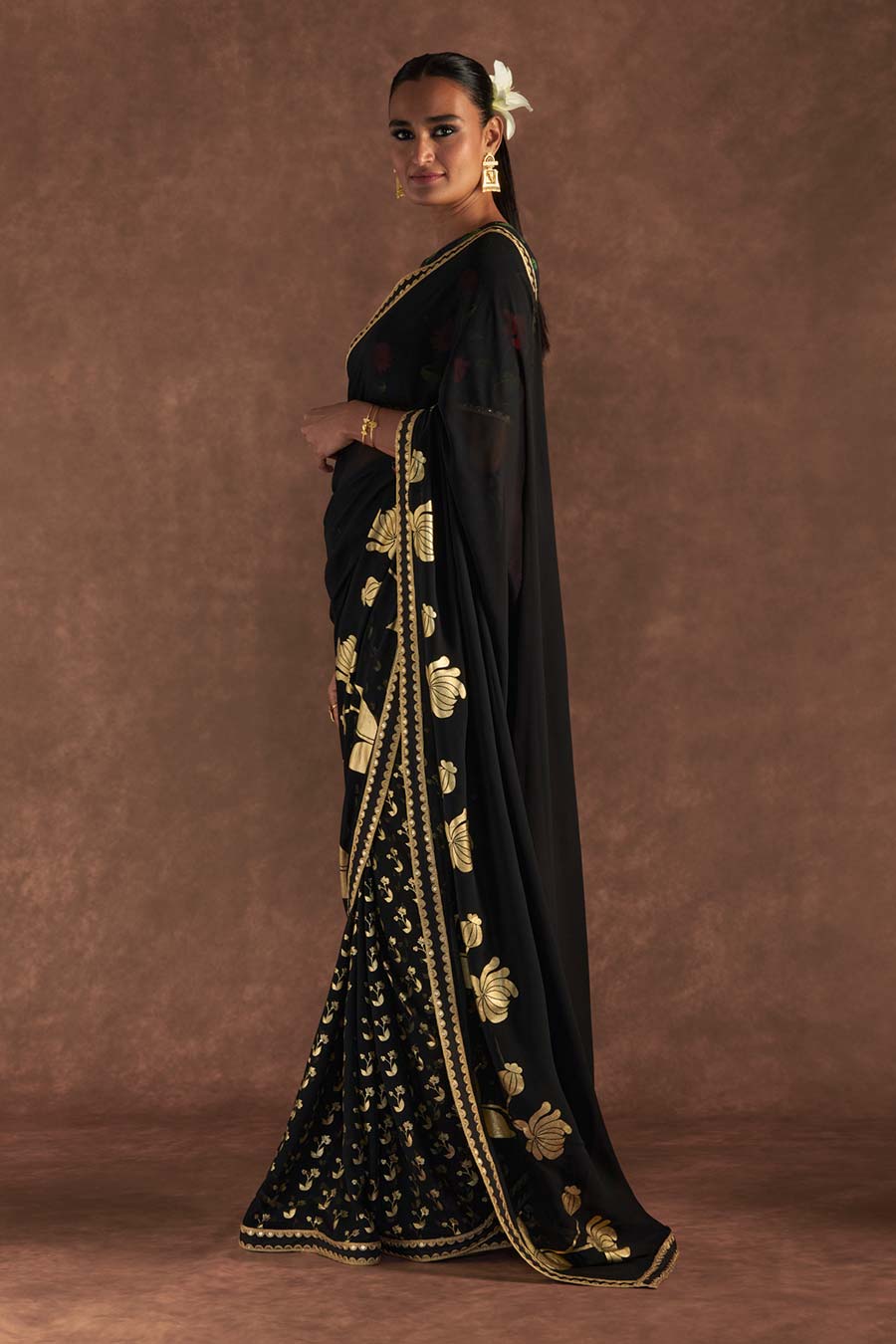 Black Springbud Embroidered Saree & Blouse Piece