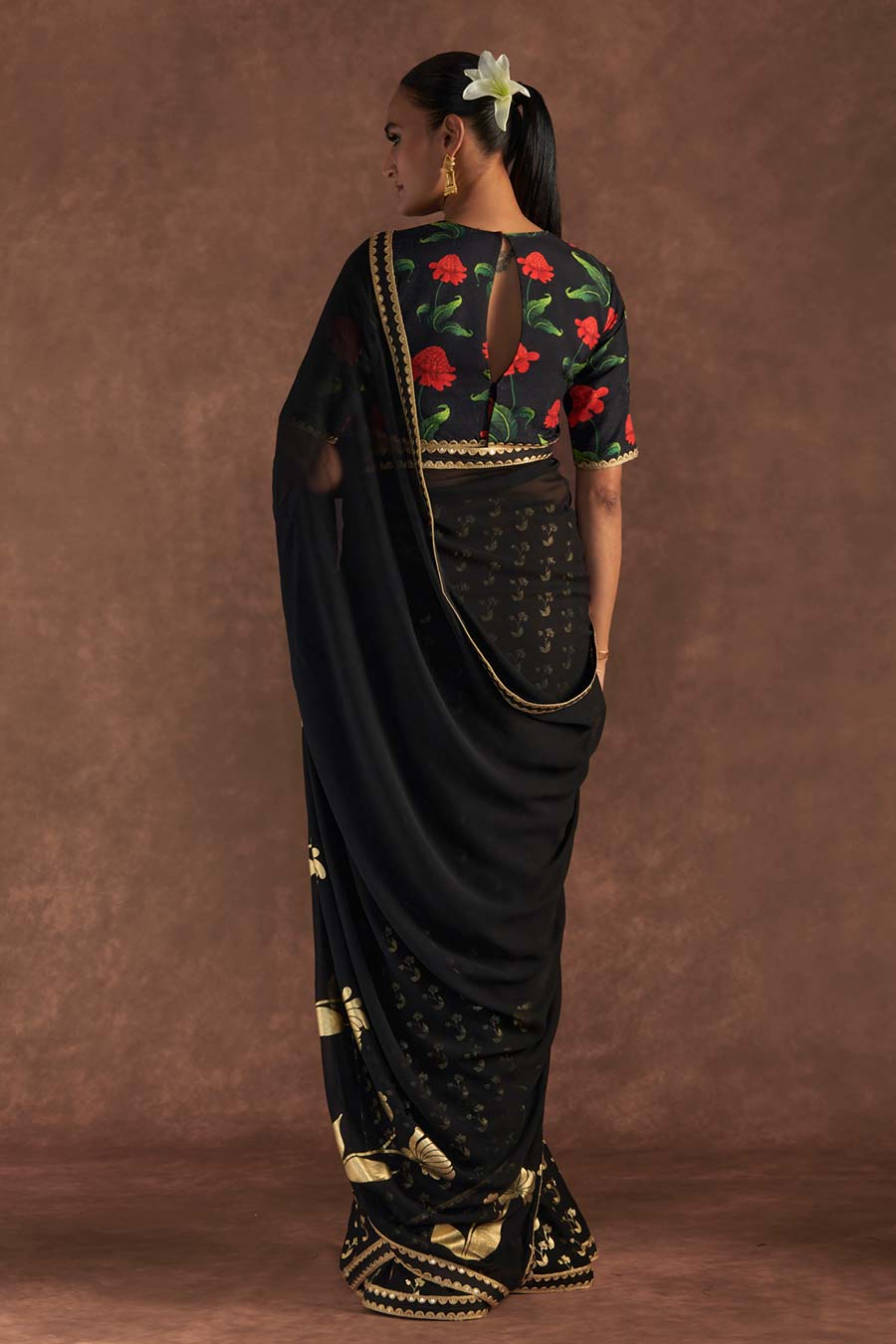 Black Springbud Embroidered Saree & Blouse Piece