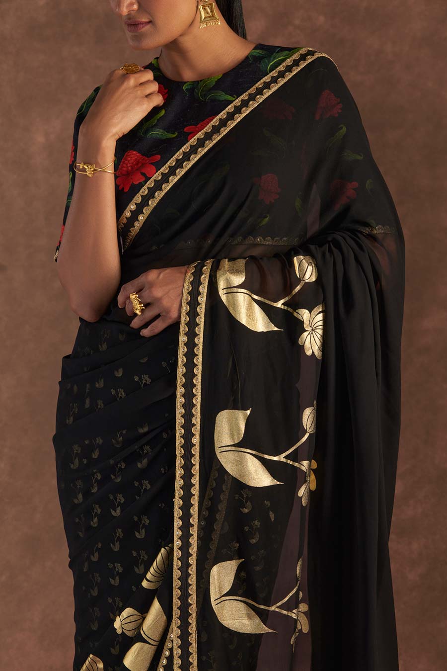 Black Springbud Embroidered Saree & Blouse Piece