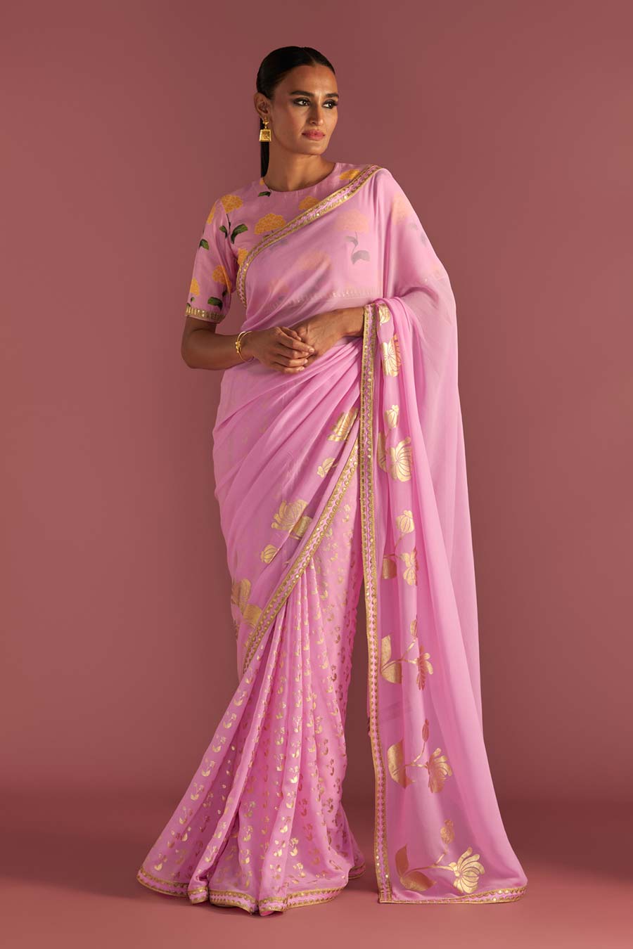 Pink Springbud Embroidered Saree & Blouse Piece