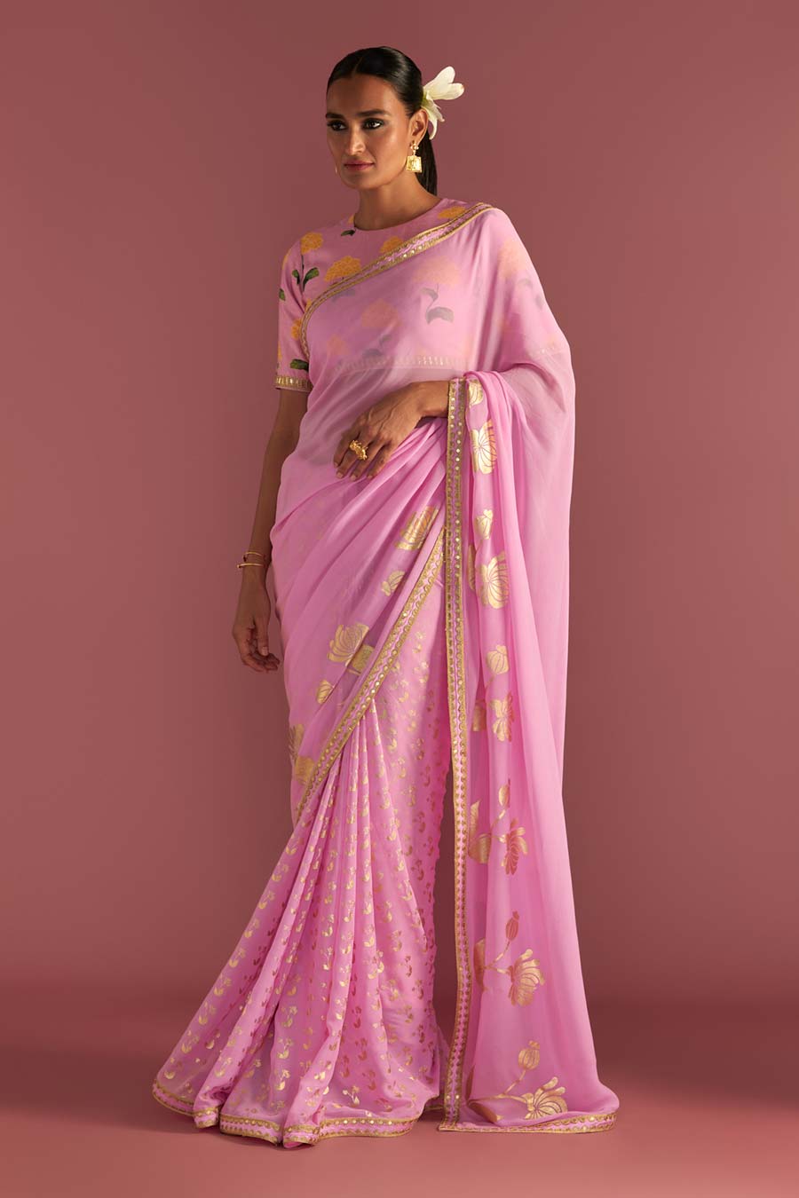 Pink Springbud Embroidered Saree & Blouse Piece