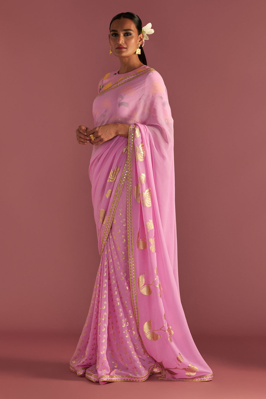 Pink Springbud Embroidered Saree & Blouse Piece