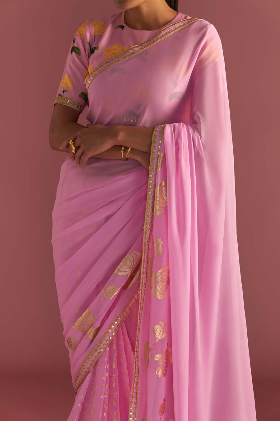 Pink Springbud Embroidered Saree & Blouse Piece