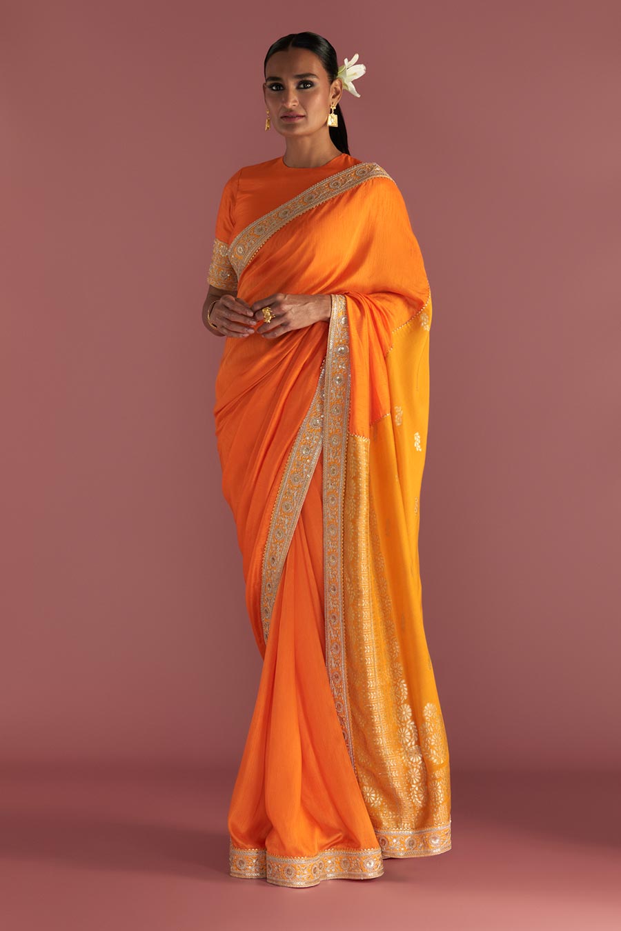 Orange Brocade Embroidered Saree & Blouse Piece