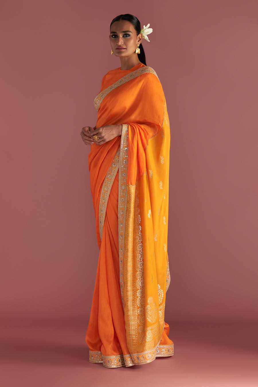 Orange Brocade Embroidered Saree & Blouse Piece