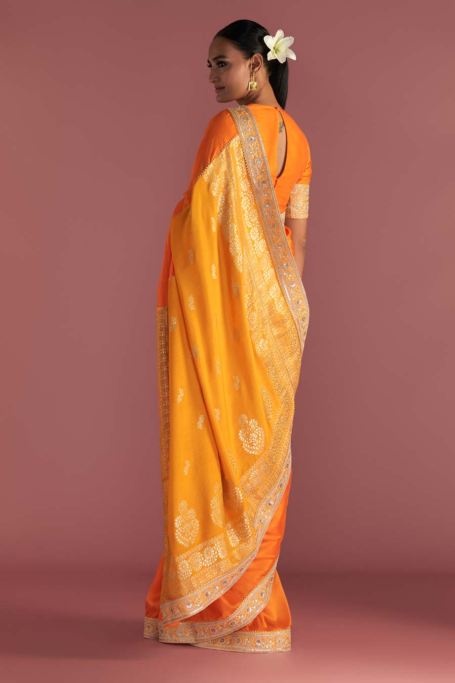 Orange Brocade Embroidered Saree & Blouse Piece