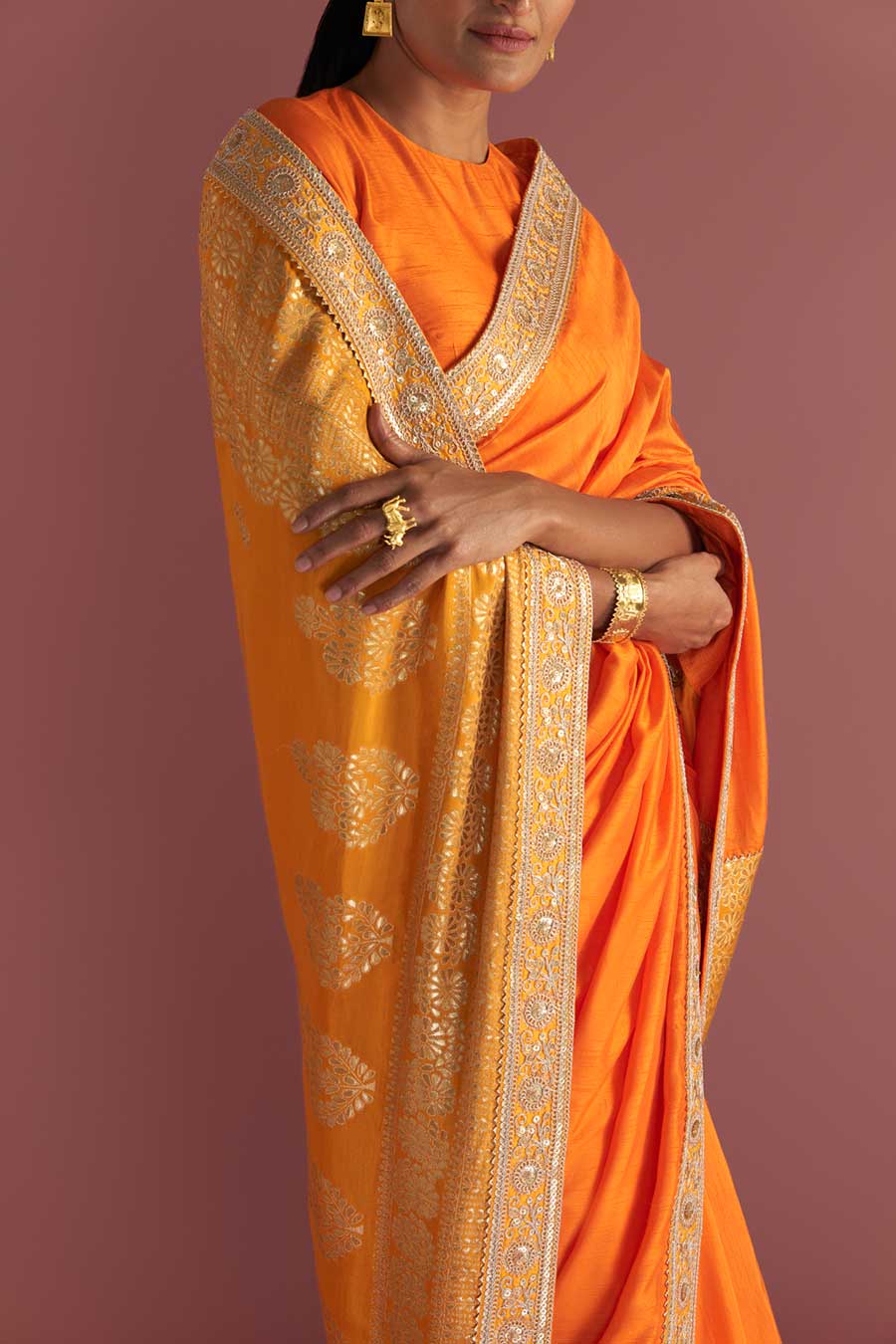 Orange Brocade Embroidered Saree & Blouse Piece