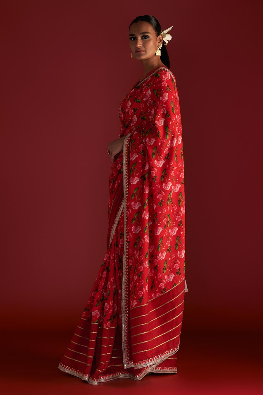 Red Rain Lily Embroidered Saree & Blouse Piece