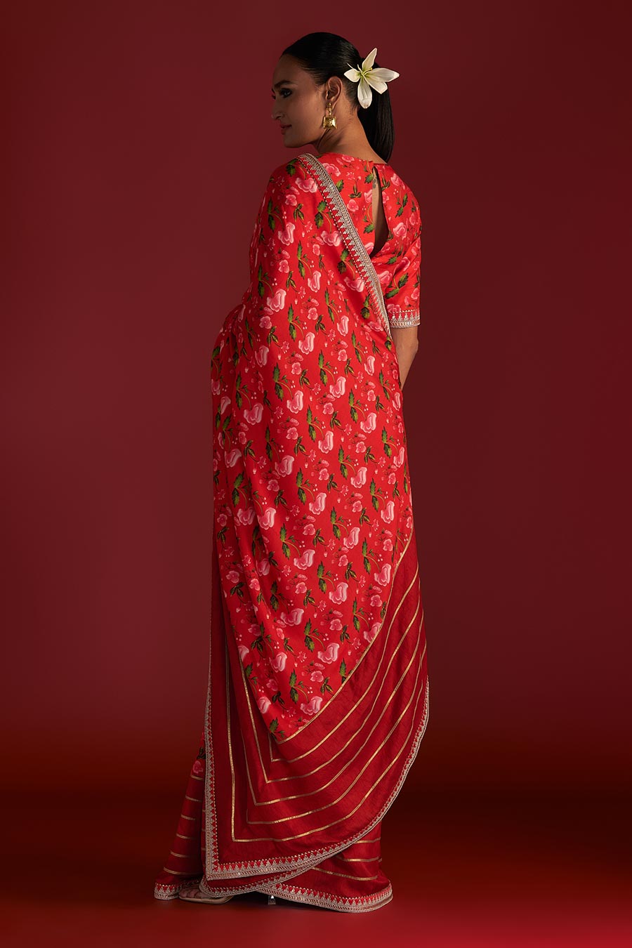 Red Rain Lily Embroidered Saree & Blouse Piece