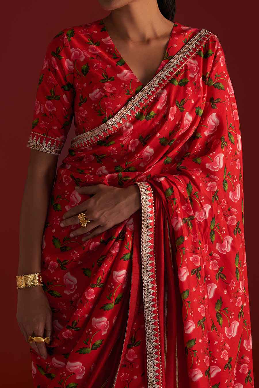 Red Rain Lily Embroidered Saree & Blouse Piece