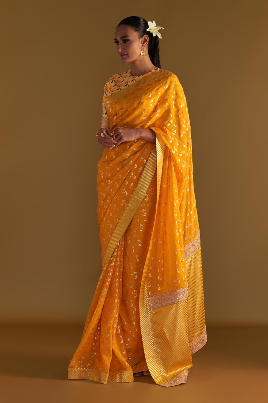 Yellow Springbud Embroidered Saree & Blouse Piece