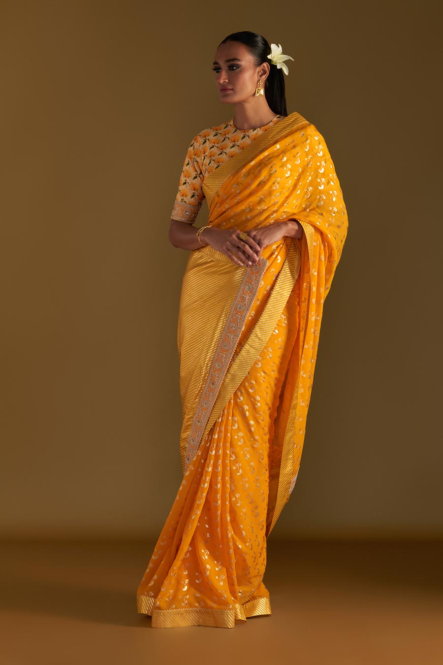 Yellow Springbud Embroidered Saree & Blouse Piece