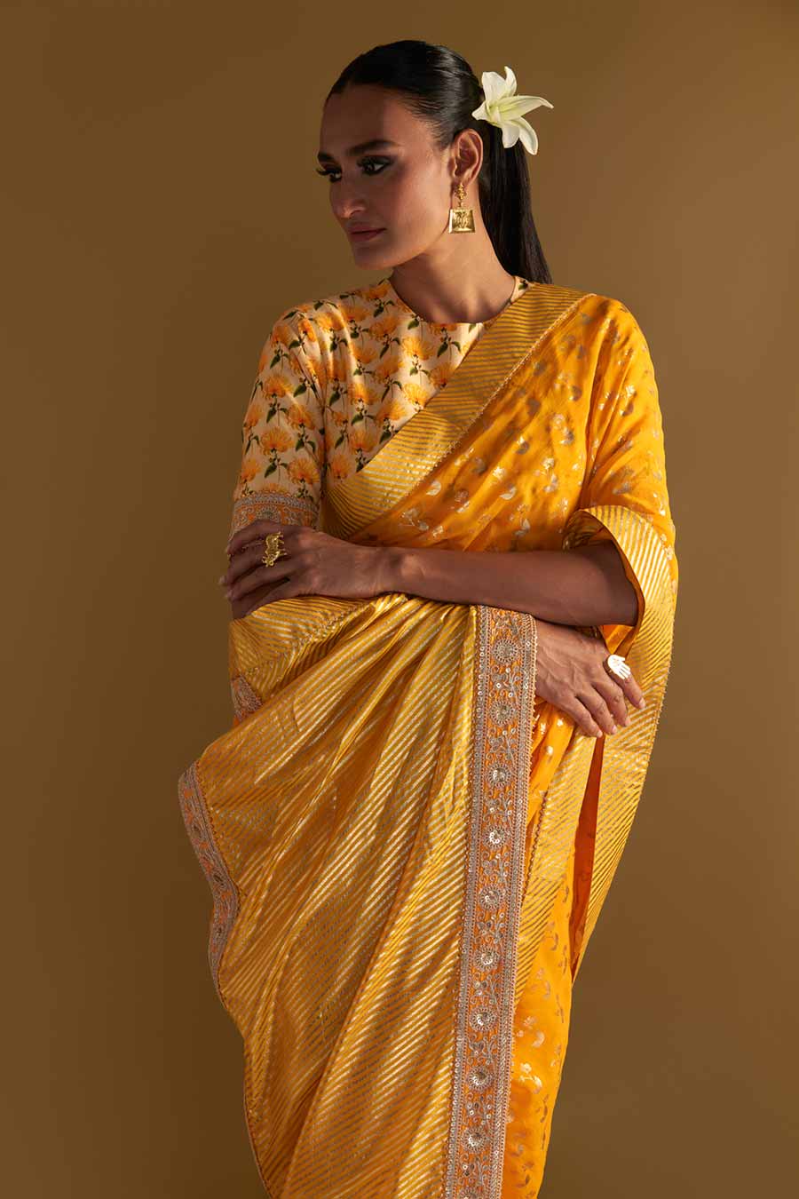 Yellow Springbud Embroidered Saree & Blouse Piece