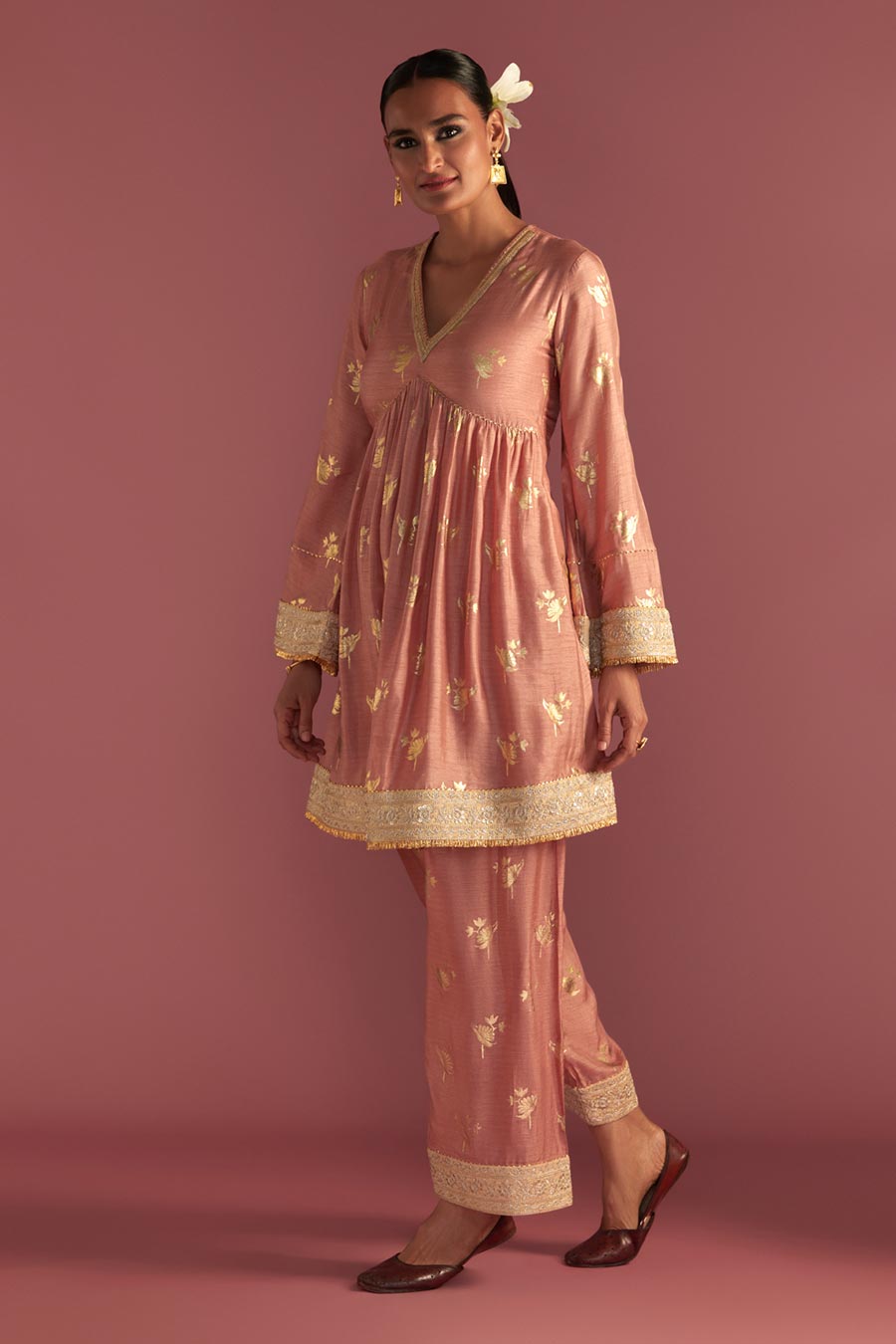 Salmon Irisbud Embroidered Kurta & Salwar Set