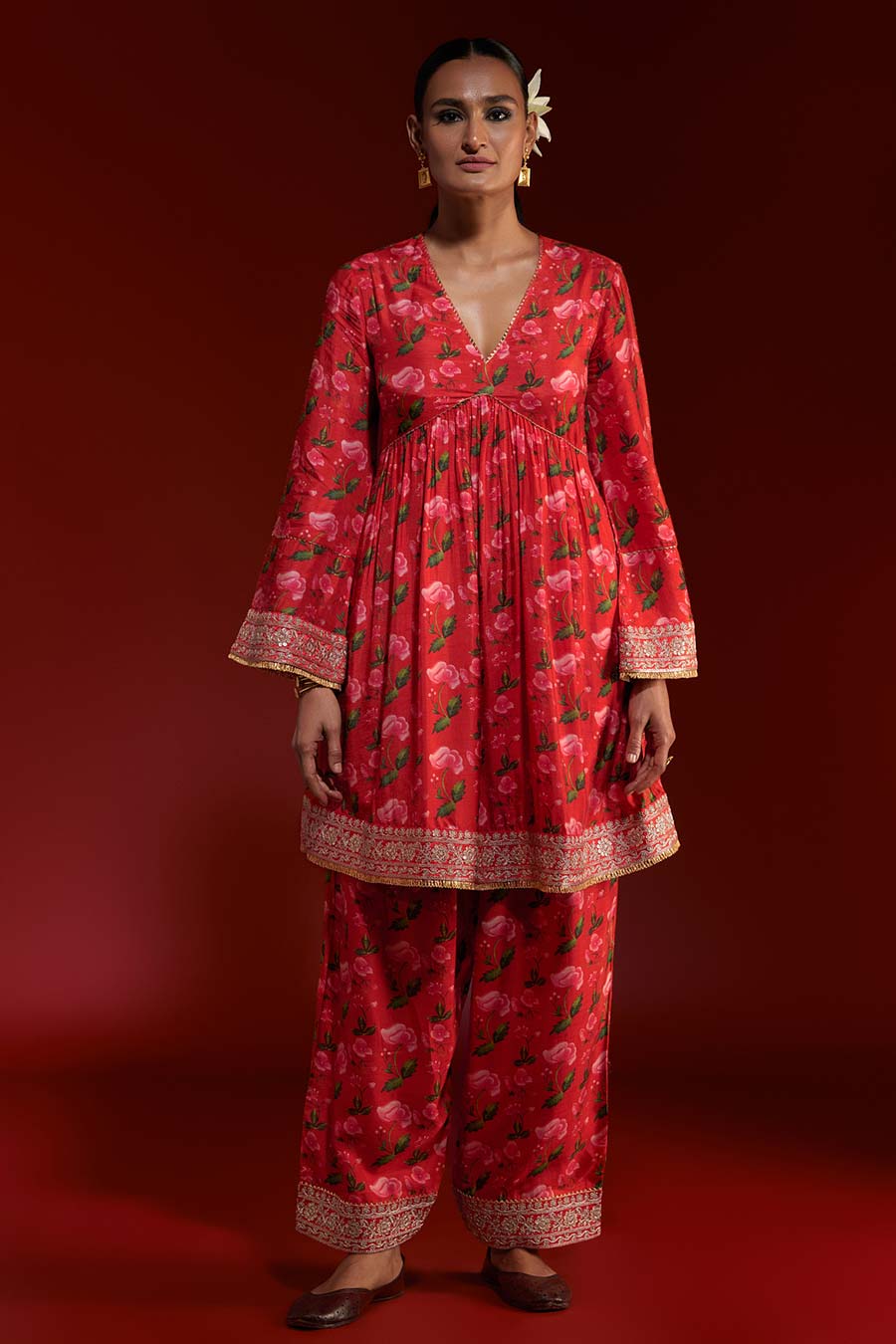 Red Rain Lily Embroidered Kurta & Salwar Set