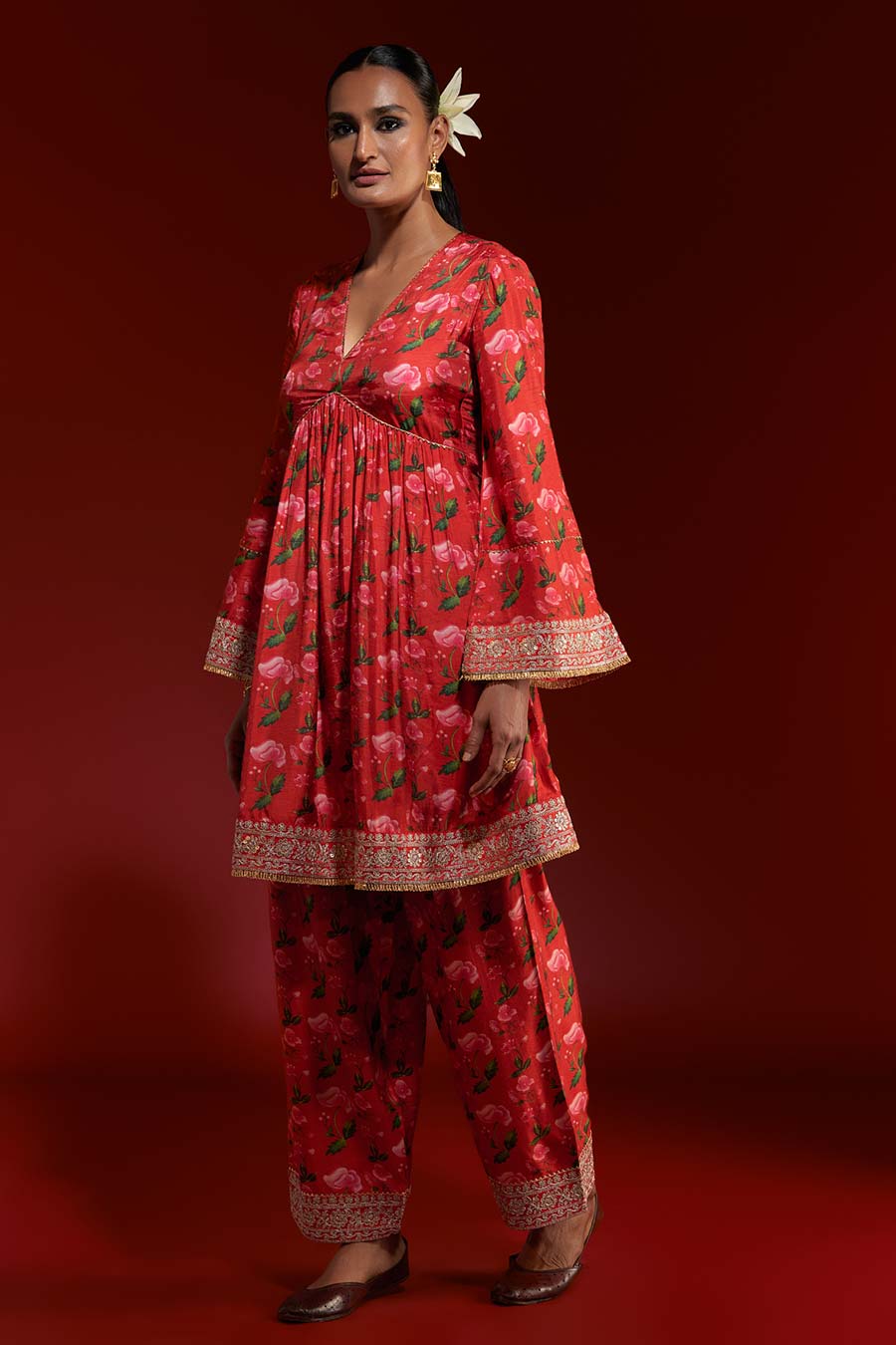 Red Rain Lily Embroidered Kurta & Salwar Set