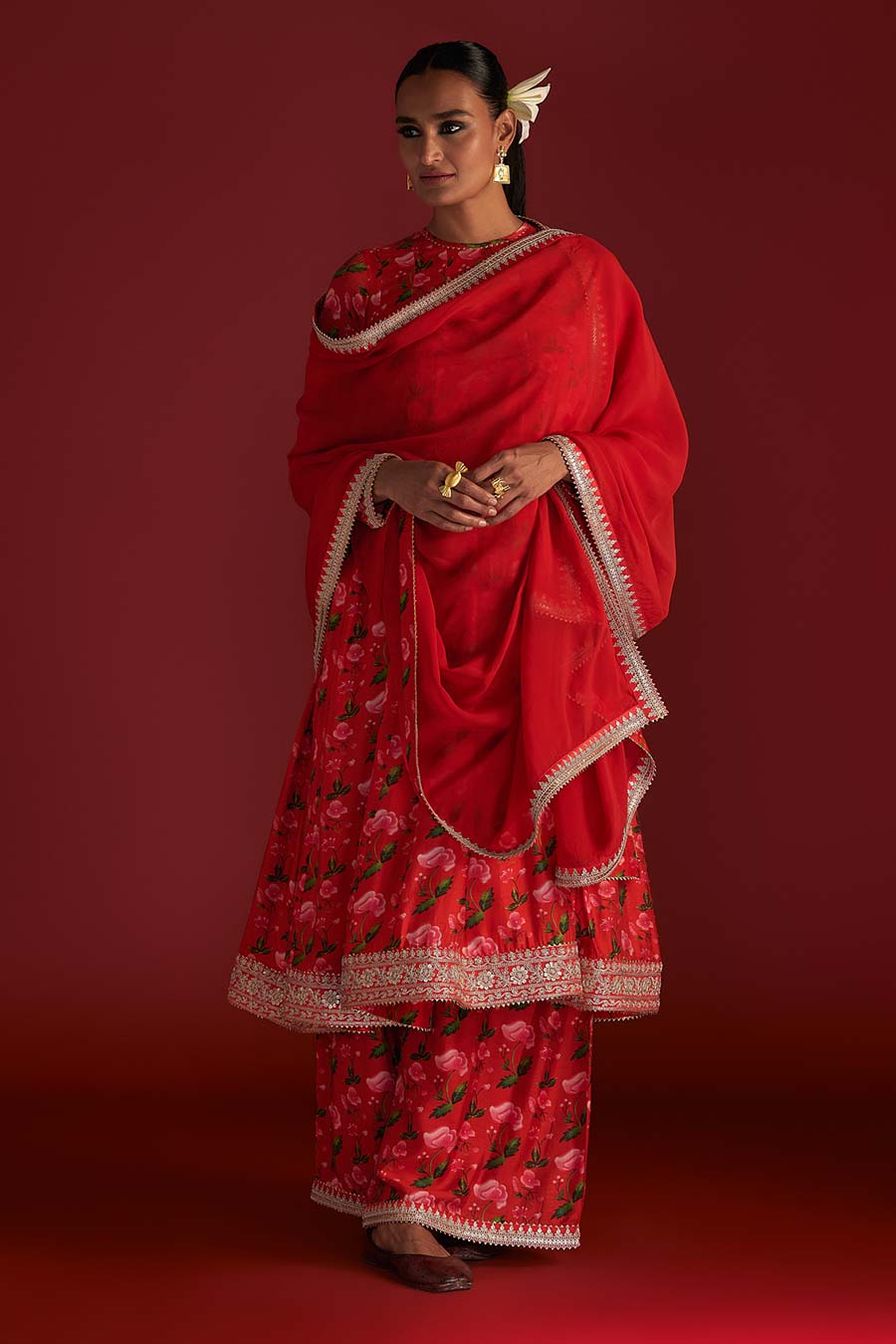 Red Rain Lily Embroidered Kurta Set
