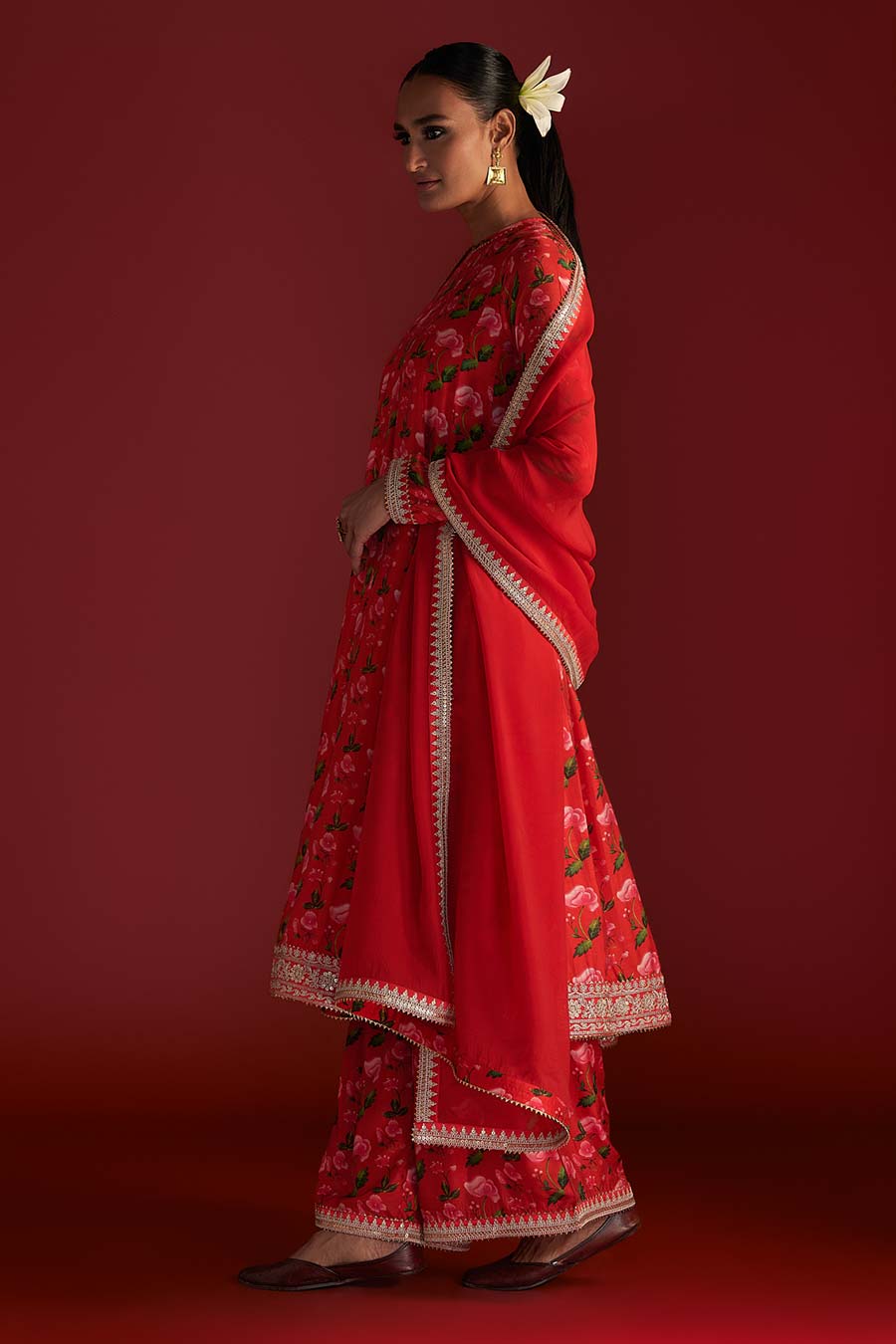 Red Rain Lily Embroidered Kurta Set