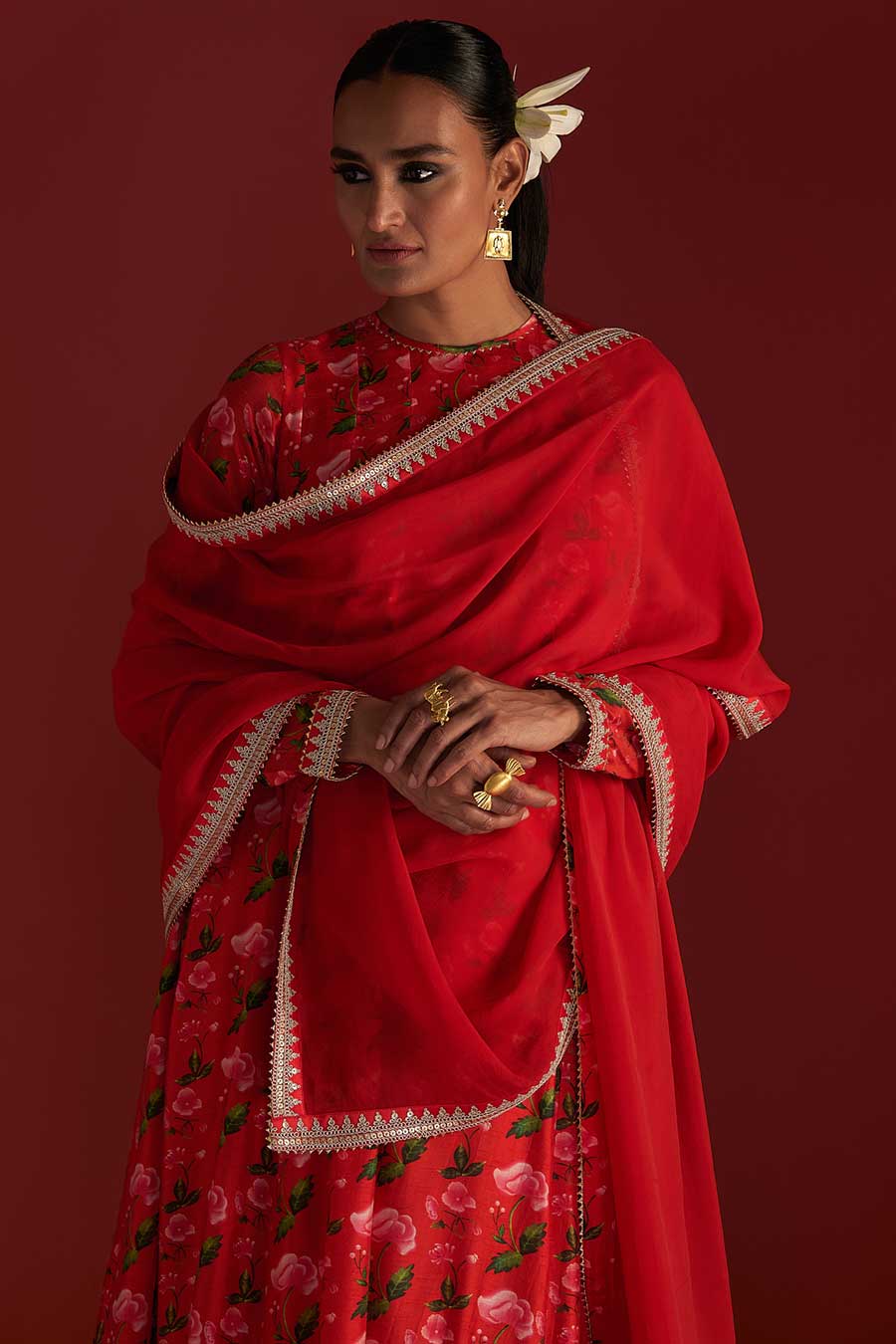 Red Rain Lily Embroidered Kurta Set