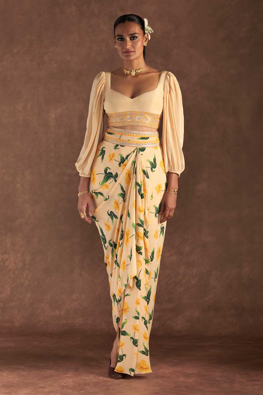 Vanilla Poppy Petal Embellished Top & Drape Skirt Set