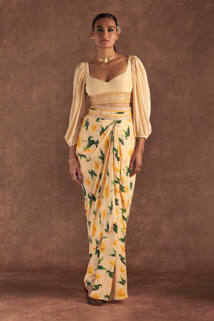 Vanilla Poppy Petal Embellished Top & Drape Skirt Set