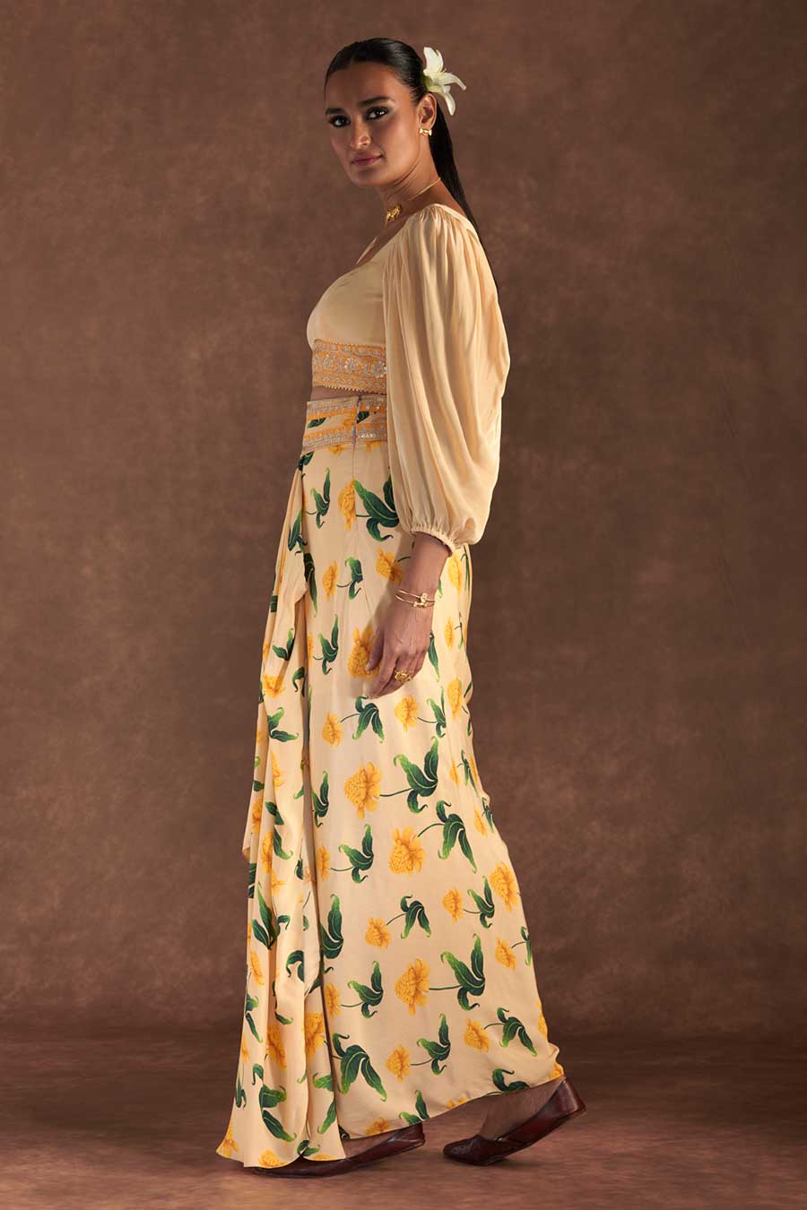 Vanilla Poppy Petal Embellished Top & Drape Skirt Set