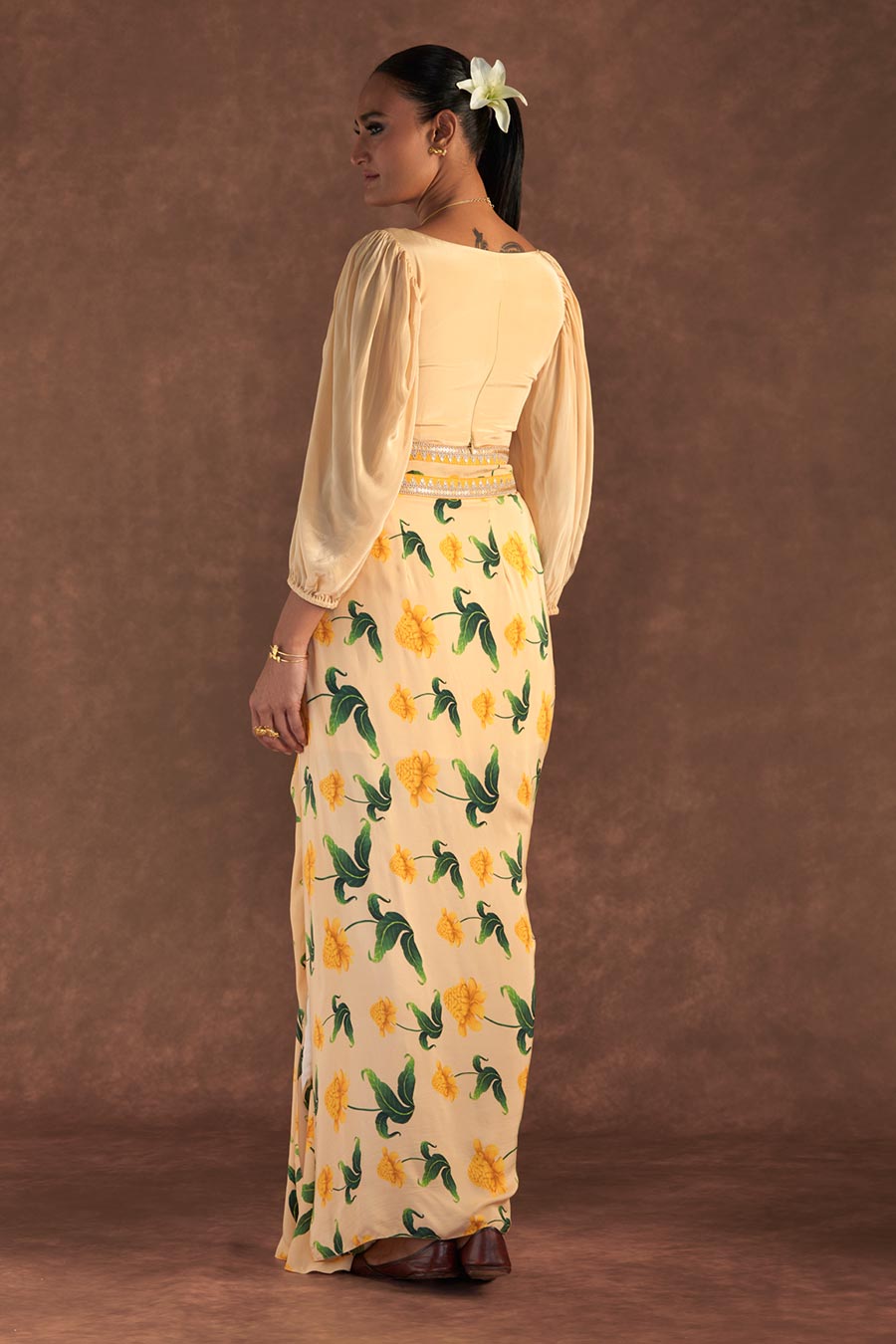 Vanilla Poppy Petal Embellished Top & Drape Skirt Set