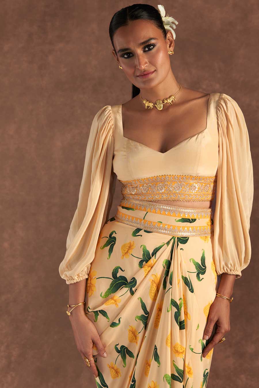Vanilla Poppy Petal Embellished Top & Drape Skirt Set