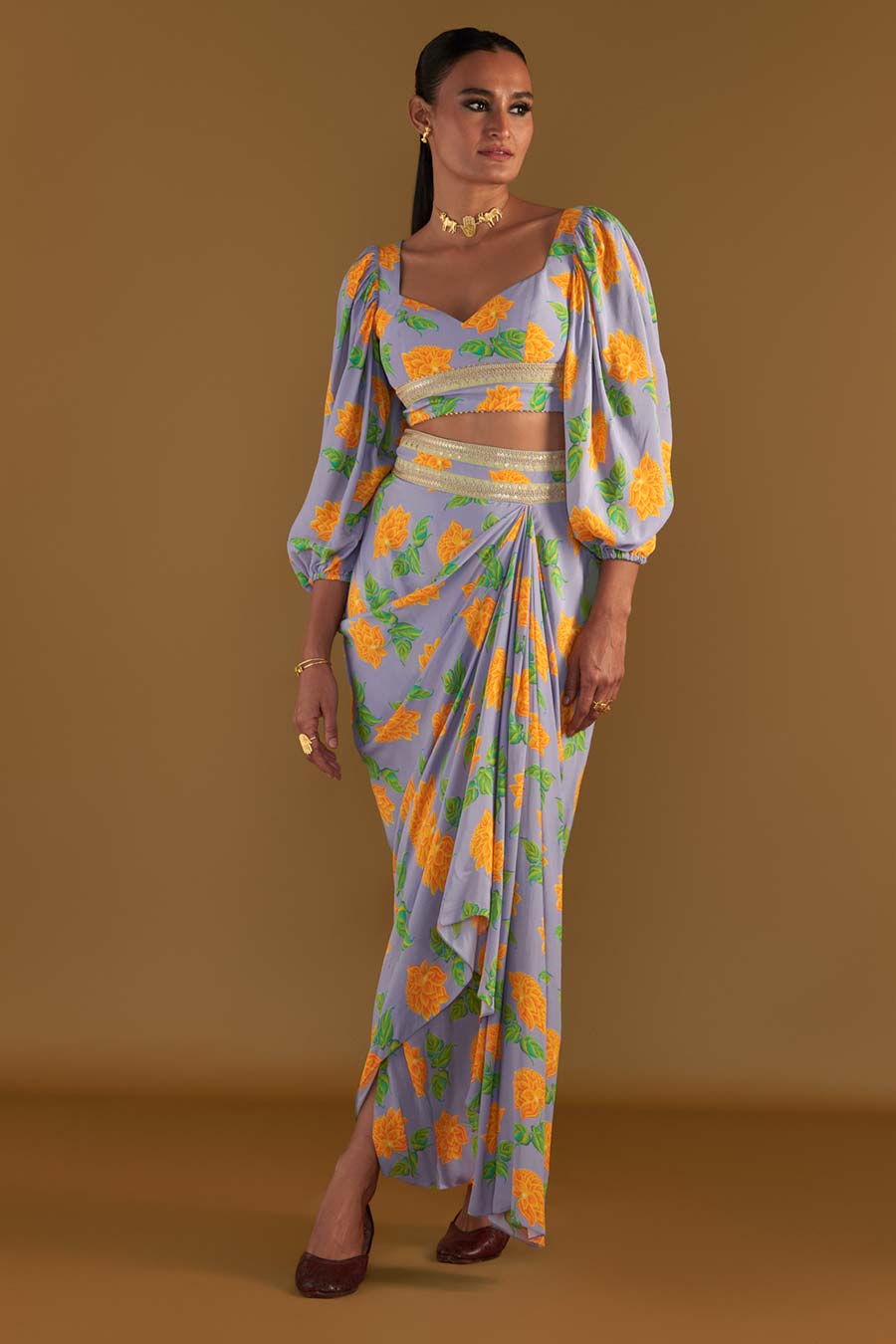 Lilac Grace Embellished Top & Drape Skirt Set