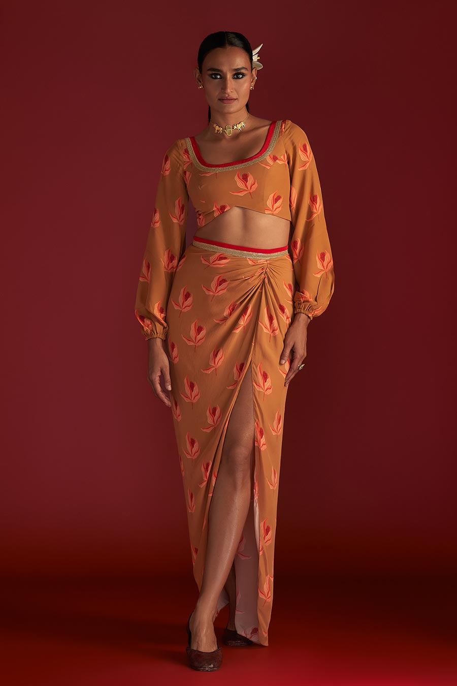 Caramel Nectar Cup Top & Drape Skirt Set