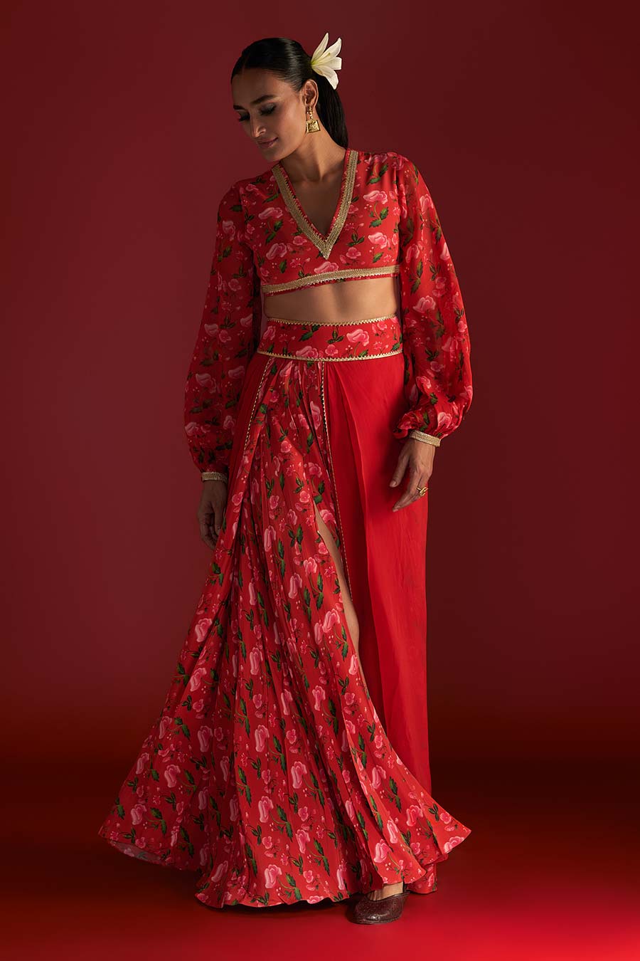 Red Rain Lily Top & Layered Skirt Set