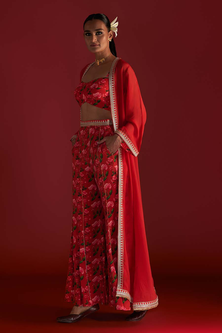 Red Rain Lily Embellished Co-Ord Set With Cape