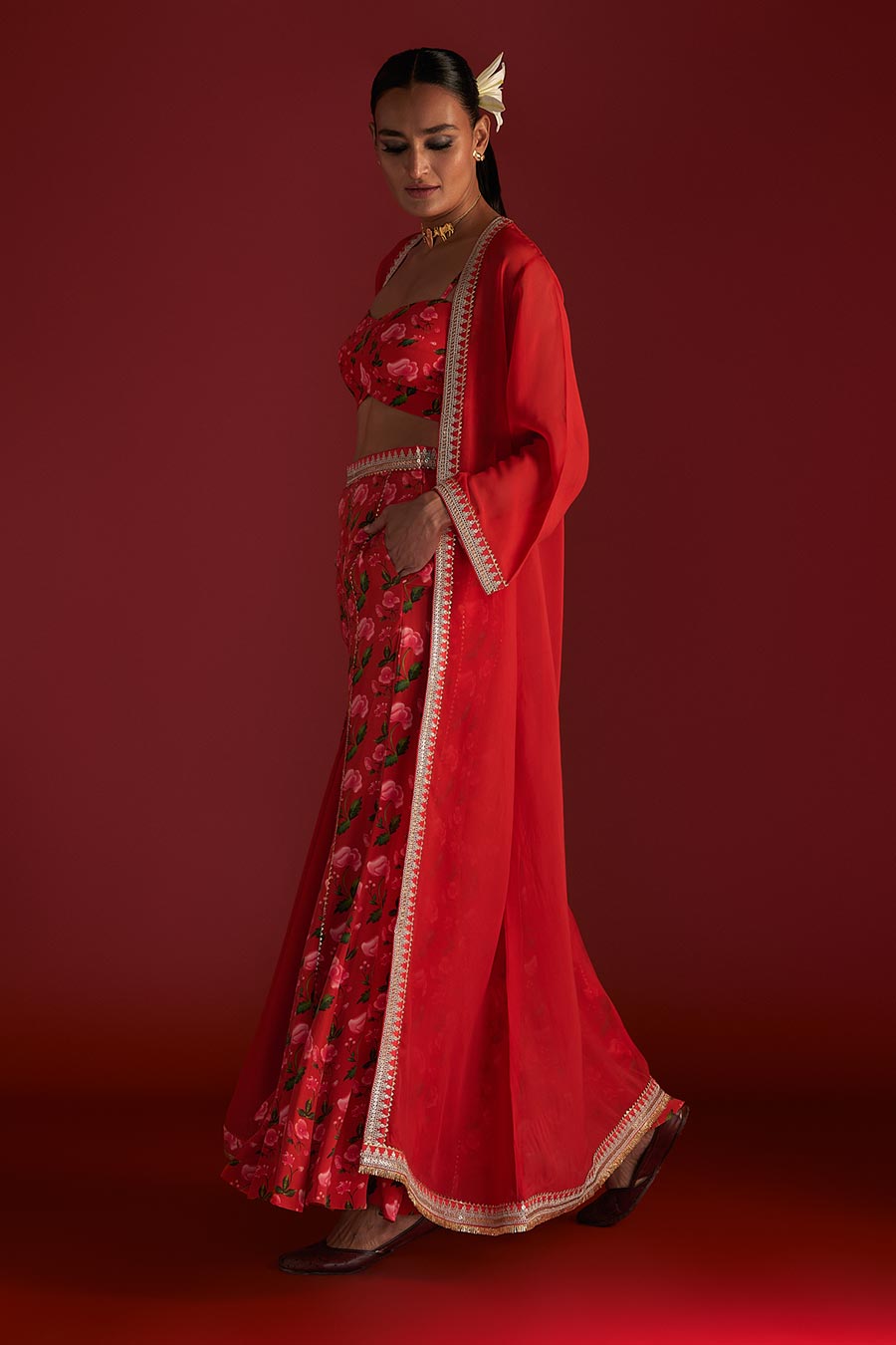 Red Rain Lily Embellished Co-Ord Set With Cape