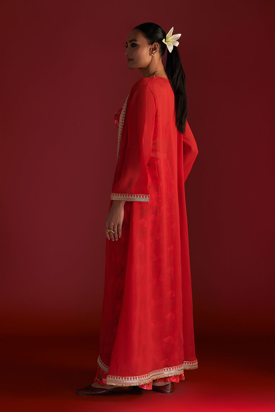 Red Rain Lily Embellished Co-Ord Set With Cape