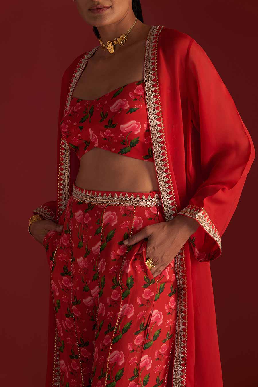 Red Rain Lily Embellished Co-Ord Set With Cape