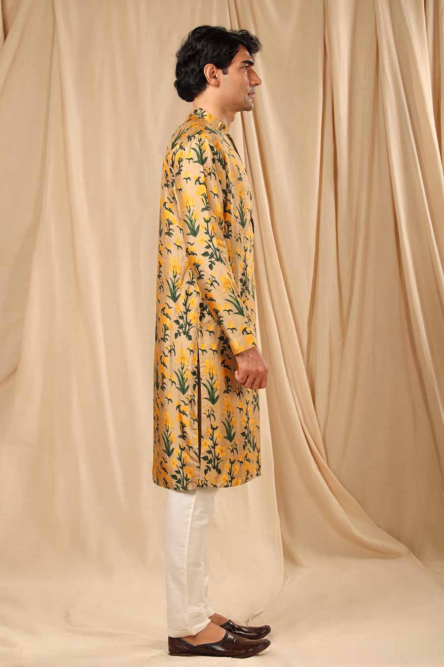 Beige Autumn Bouquet Print Embroidered Kurta