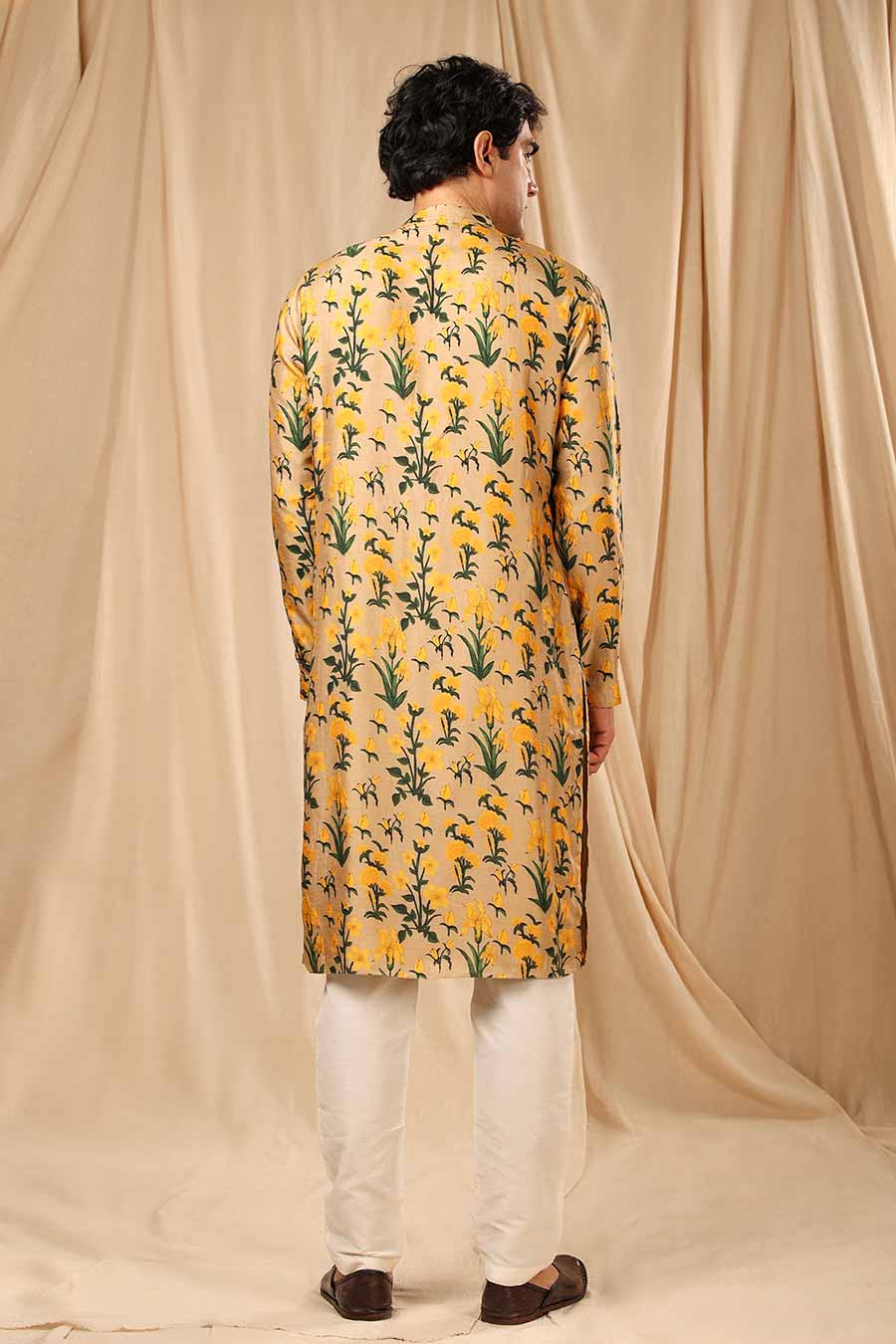 Beige Autumn Bouquet Print Embroidered Kurta