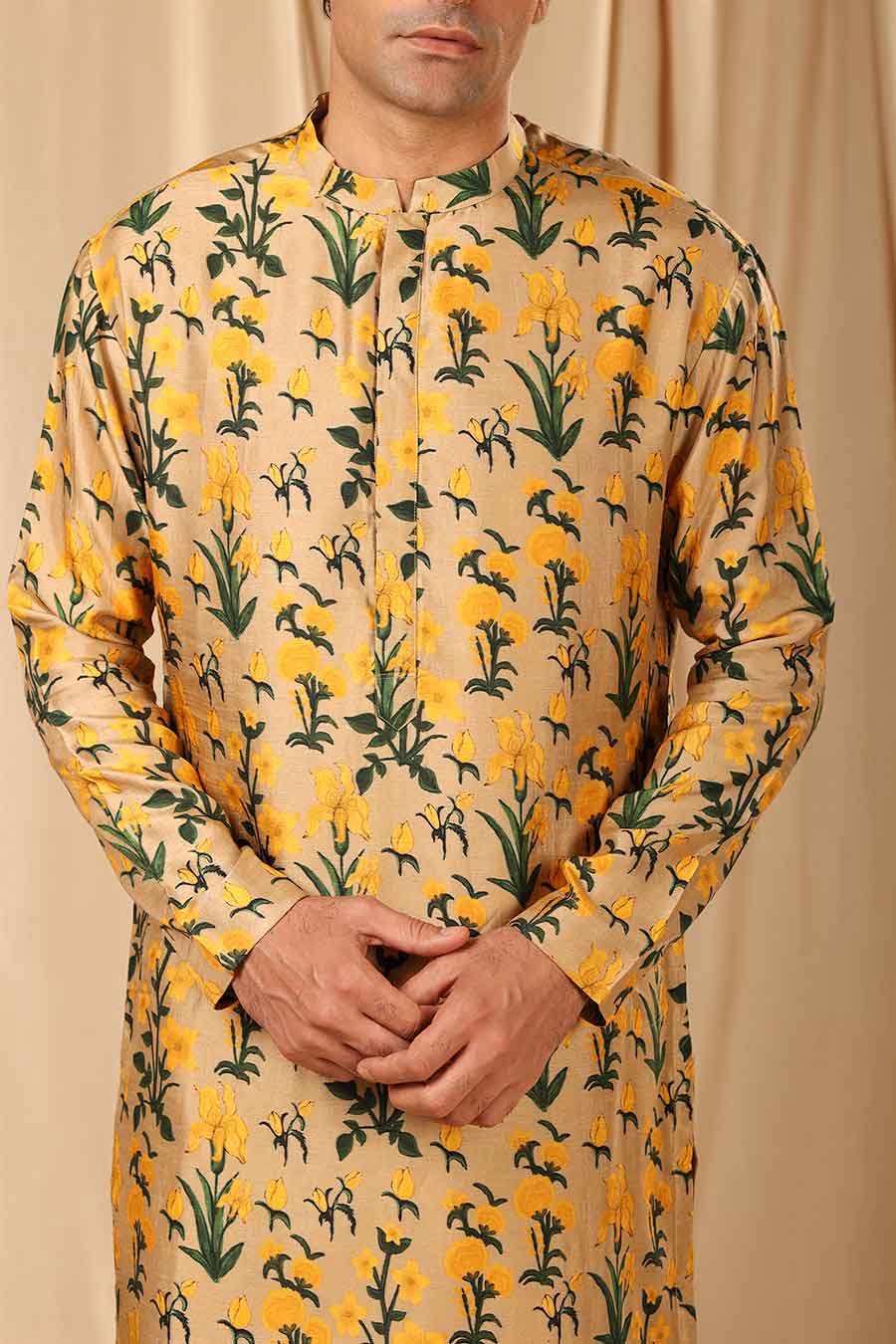 Beige Autumn Bouquet Print Embroidered Kurta