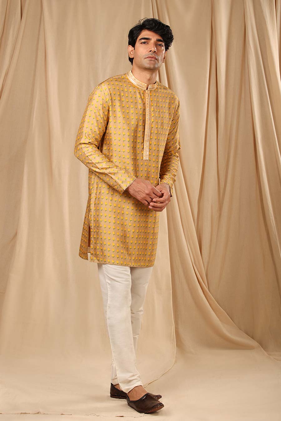 Beige Wallflower Print Embroidered Kurta