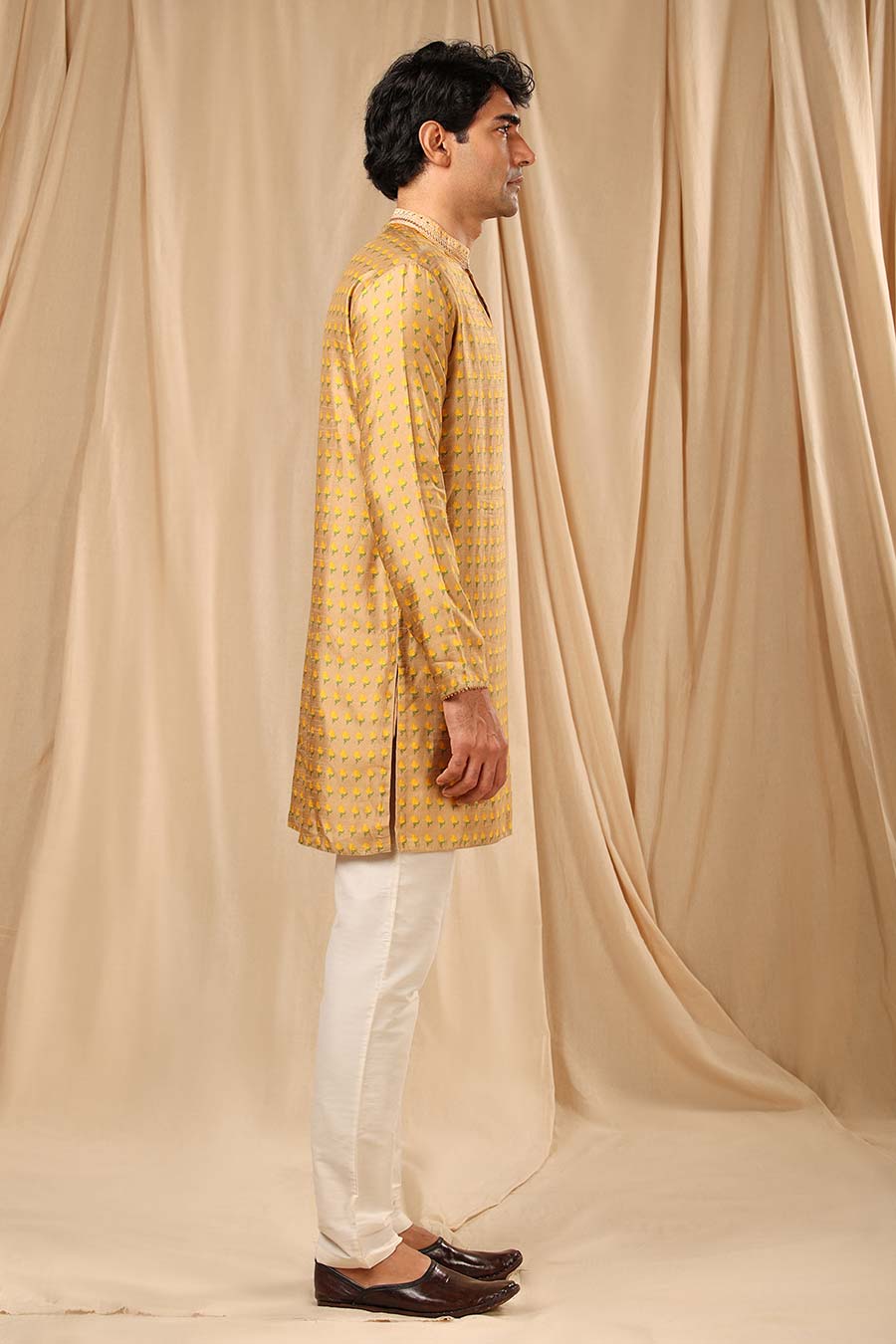 Beige Wallflower Print Embroidered Kurta