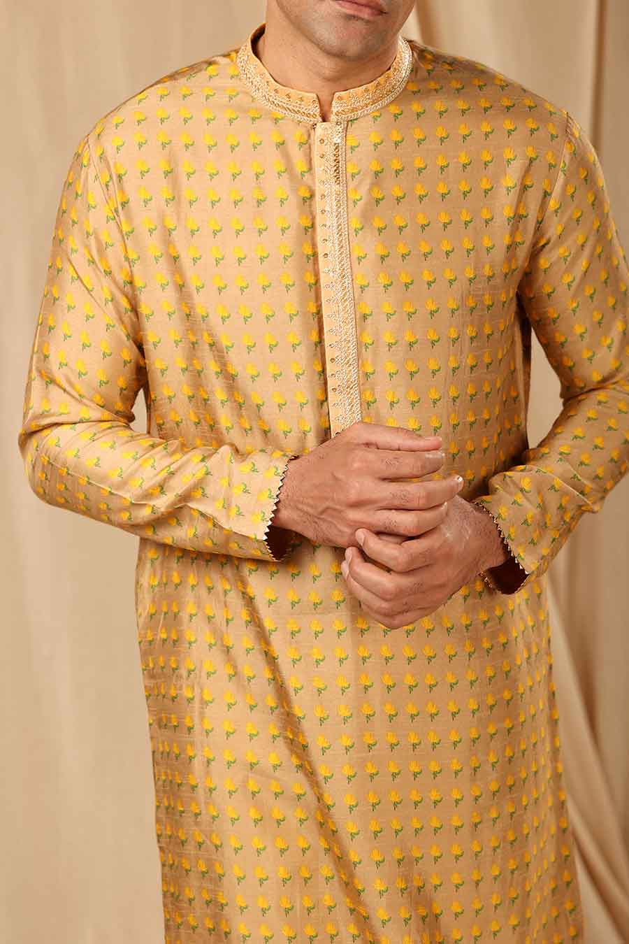 Beige Wallflower Print Embroidered Kurta