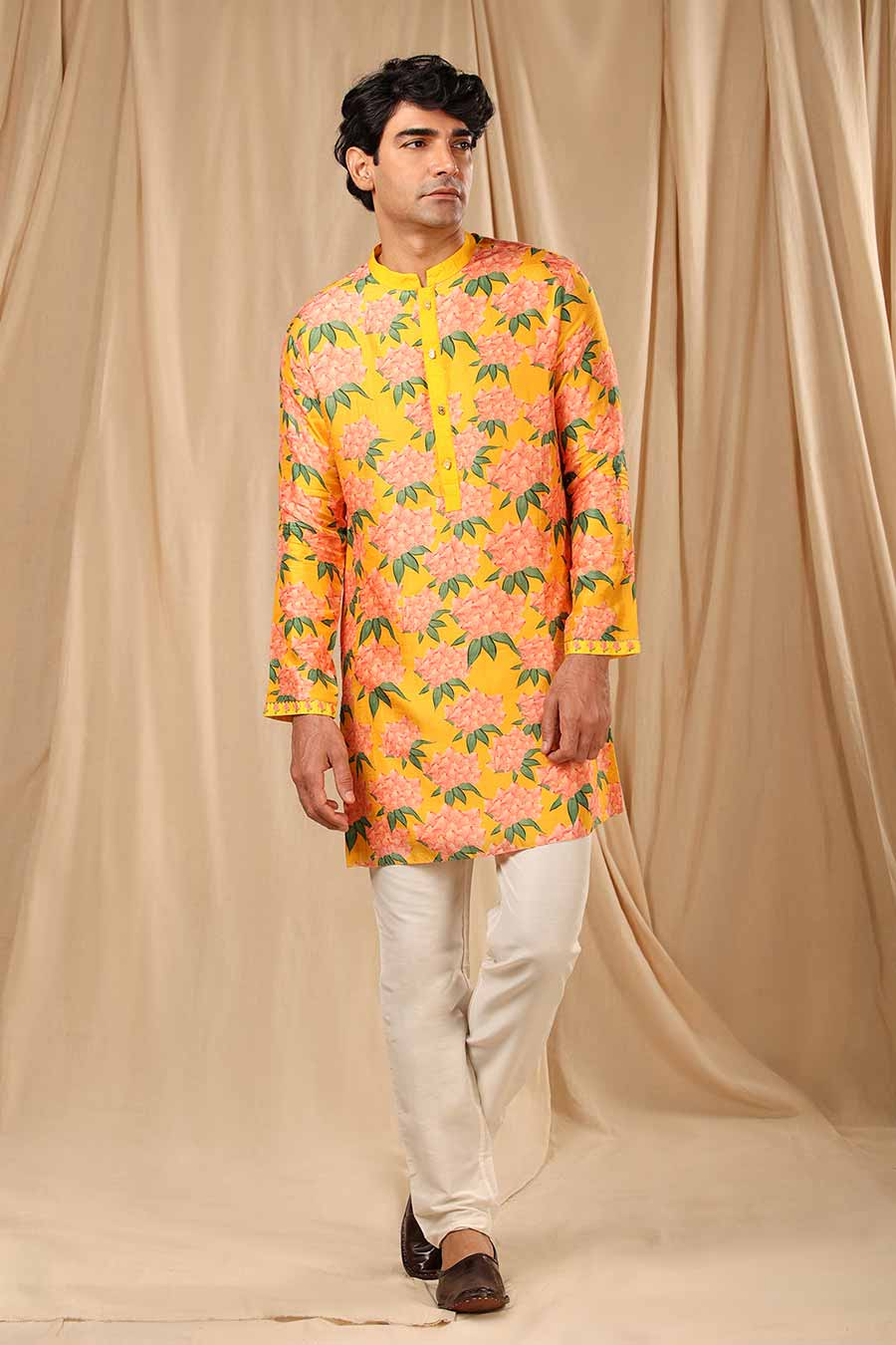 Yellow Candy Swirl Print Embroidered Kurta