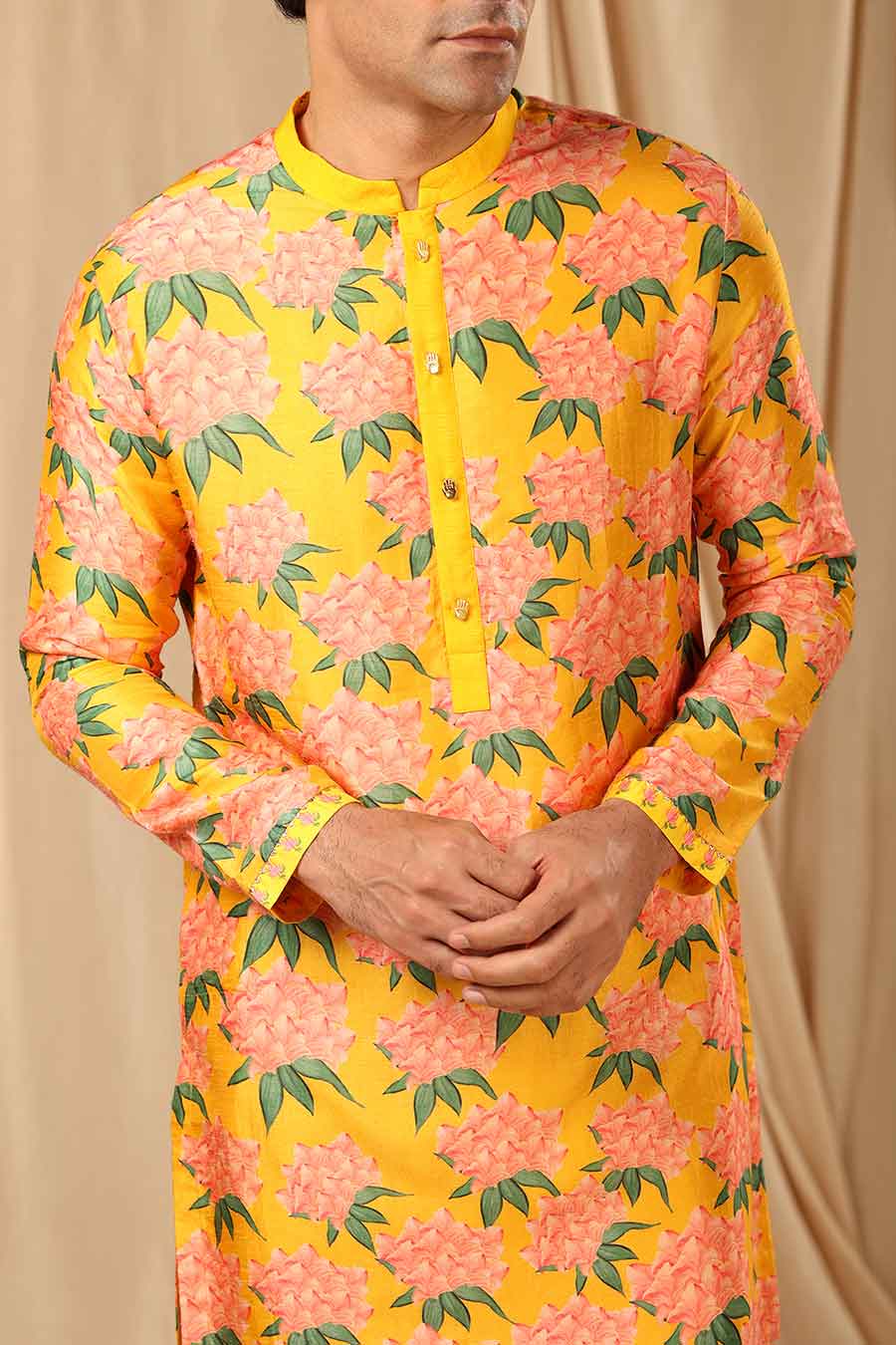 Yellow Candy Swirl Print Embroidered Kurta
