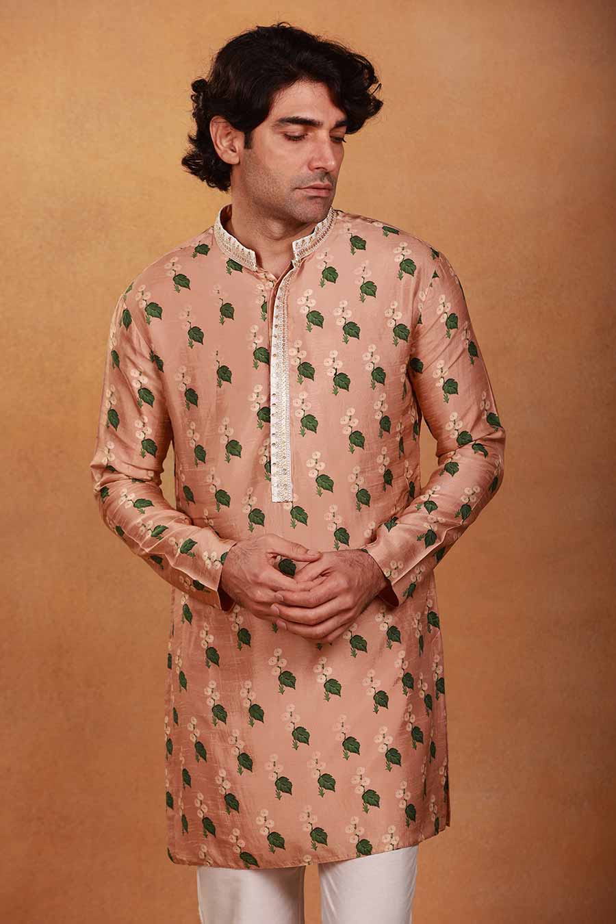 Oatmeal Cotton Candy Print Embroidered Kurta