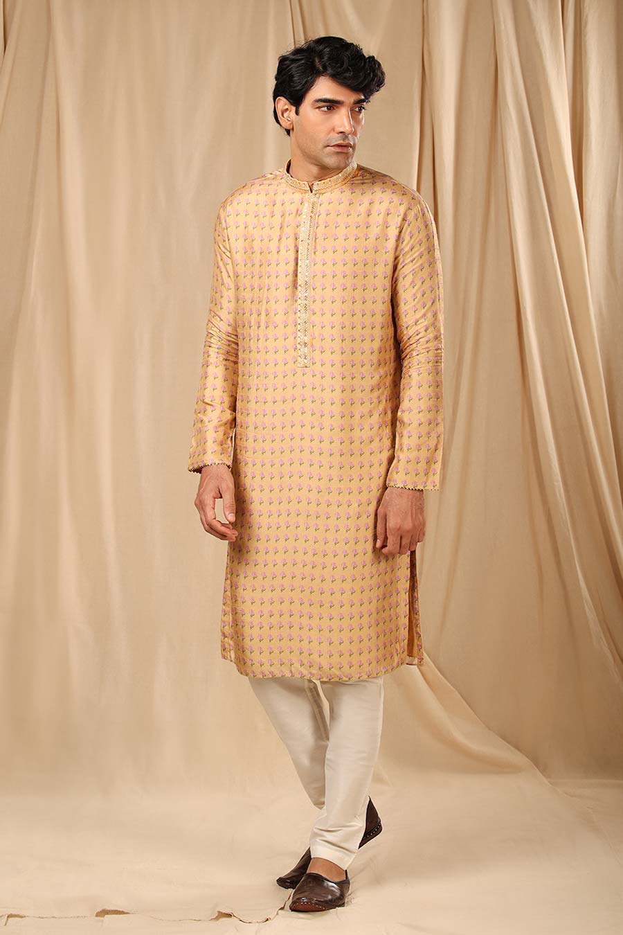 Oatmeal Wallflower Print Embroidered Kurta