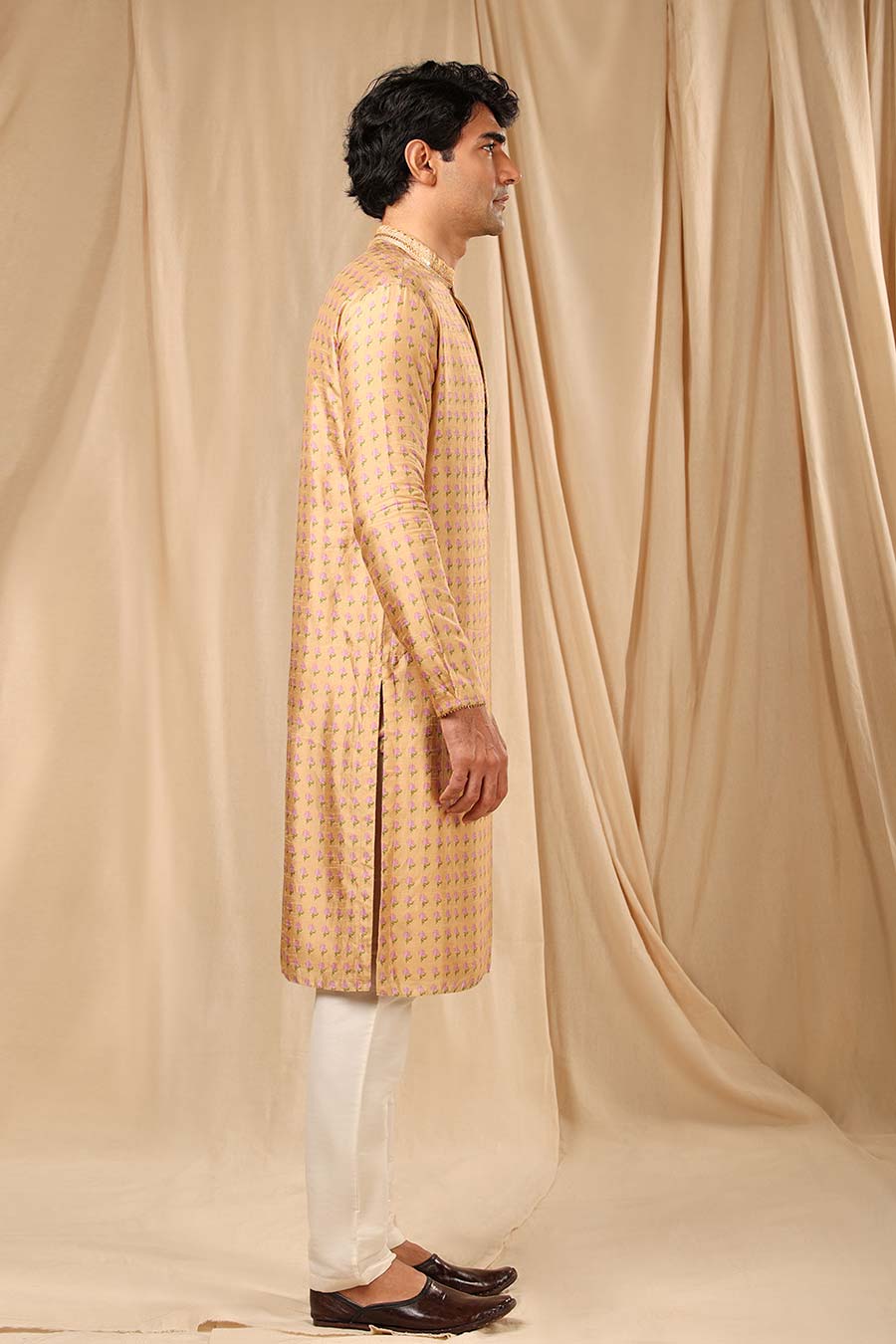 Oatmeal Wallflower Print Embroidered Kurta